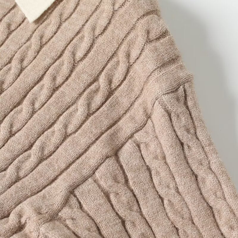 Women's polo collar striped long sleeved knitted sweater