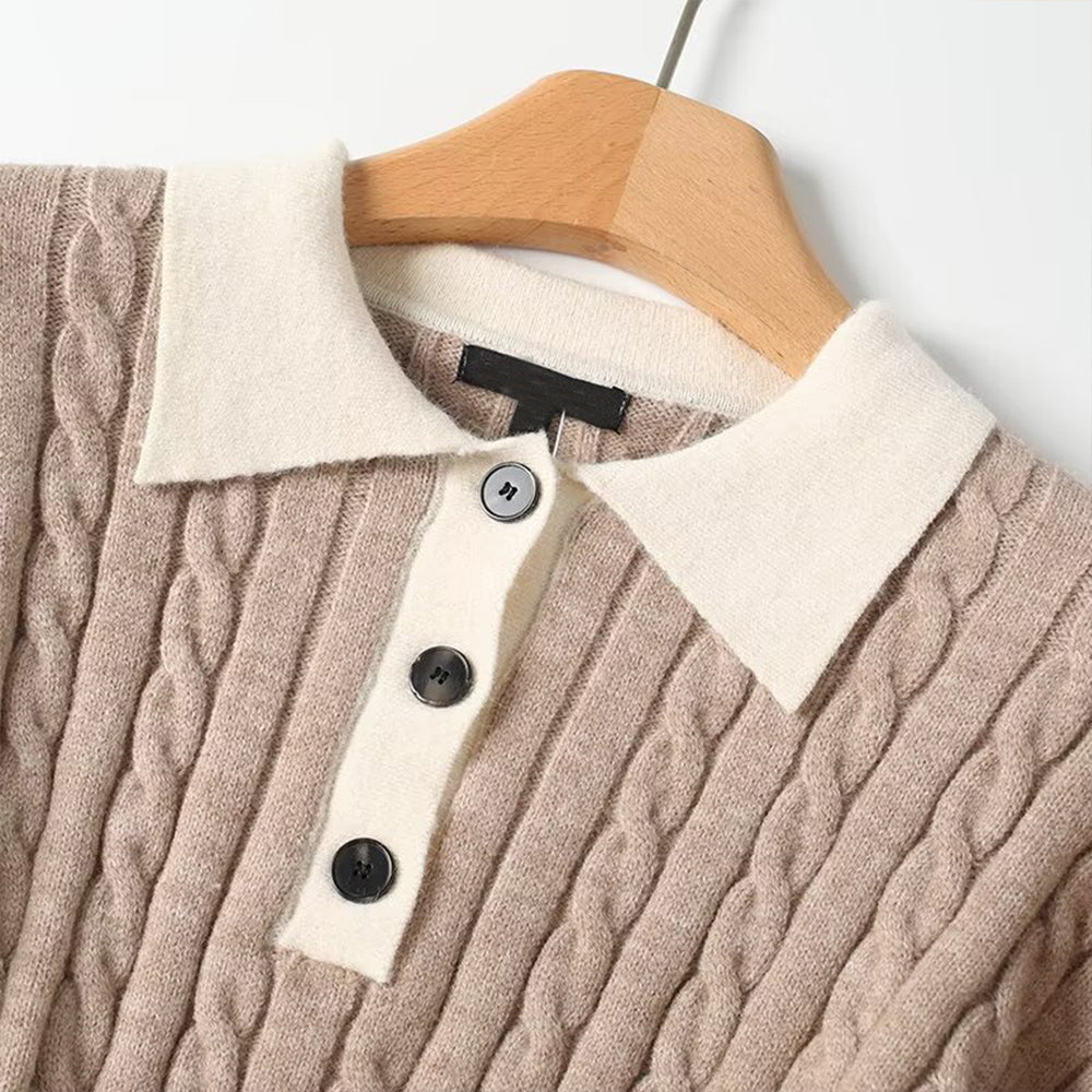 Women's polo collar striped long sleeved knitted sweater